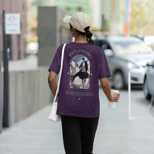 Premium dropshoulder T-shirt featuring Solo Leveling anime artwork, streetwear style with bold graphics and relaxed fit for urban fashion by Flick Streetwear