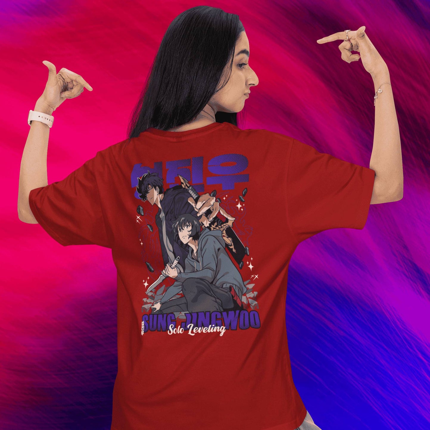 Premium dropshoulder T-shirt featuring Solo Leveling anime artwork, streetwear style with bold graphics and relaxed fit for urban fashion by Flick Streetwear.