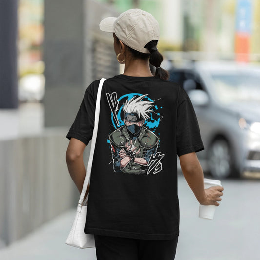 Anime-themed unisex oversized T-shirt with kakashi hatake graphic, designed for anime fans.