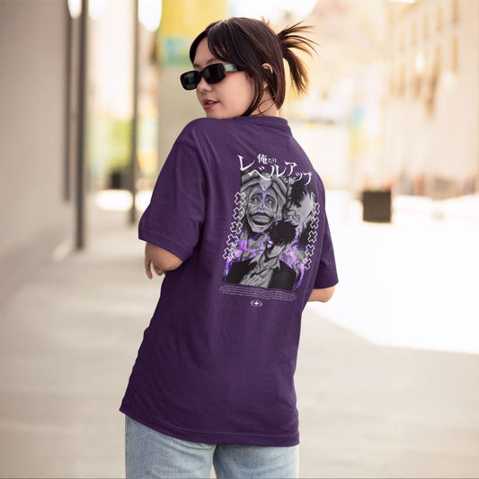 Premium dropshoulder T-shirt featuring Solo Leveling anime artwork, streetwear style with bold graphics and relaxed fit for urban fashion by Flick Streetwear