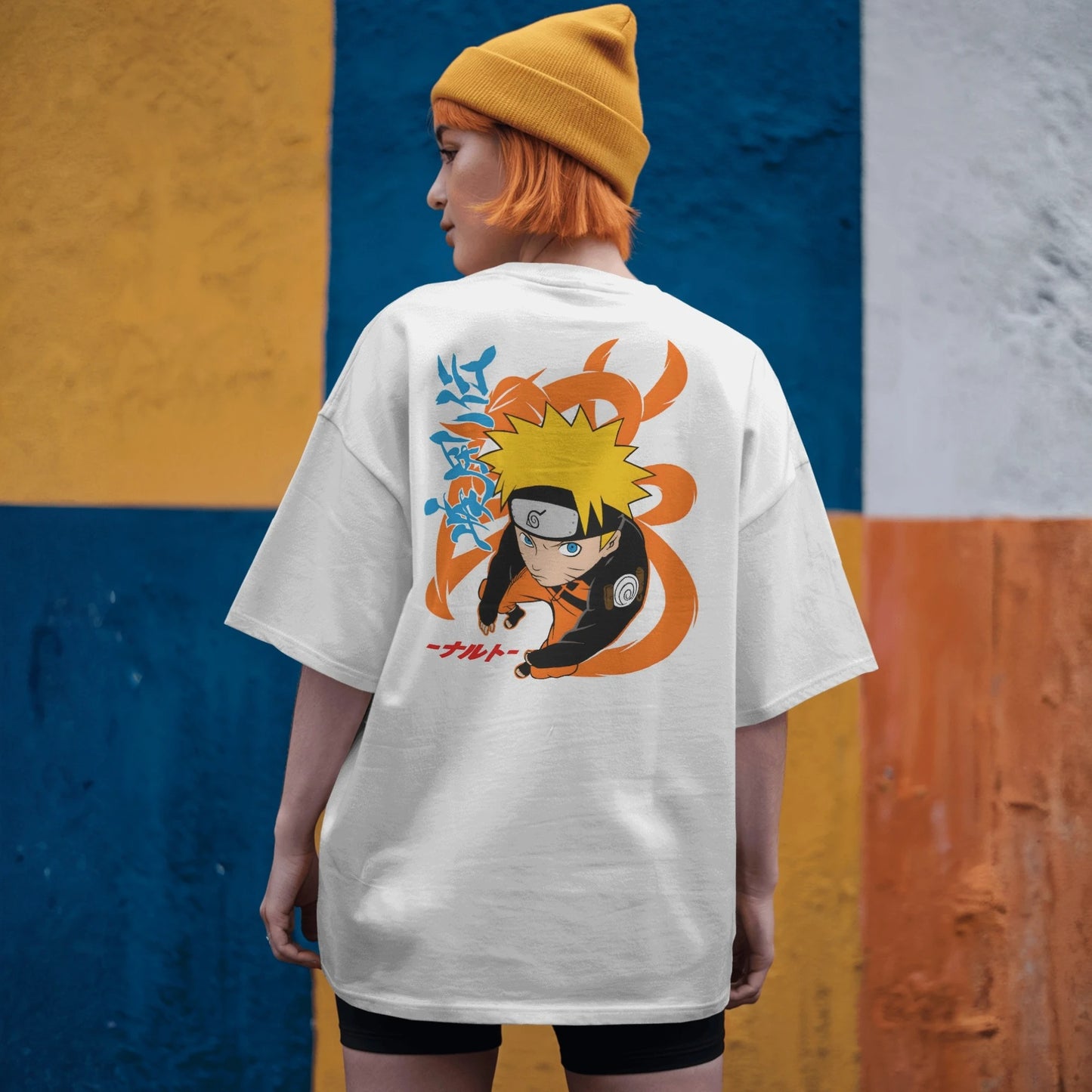Anime-themed unisex oversized T-shirt with Naruto Uzumaki graphic, designed for anime fans.