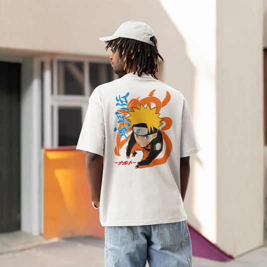 Anime-themed unisex oversized T-shirt with Naruto Uzumaki graphic, designed for anime fans.