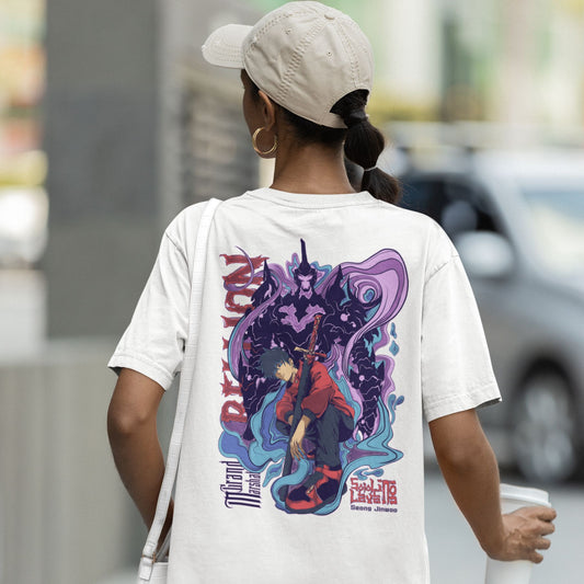 Premium dropshoulder T-shirt featuring Solo Leveling anime artwork, streetwear style with bold graphics and relaxed fit for urban fashion by Flick Streetwear