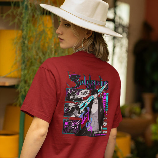 Premium dropshoulder T-shirt featuring Solo Leveling anime artwork, streetwear style with bold graphics and relaxed fit for urban fashion by Flick Streetwear