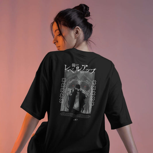Premium dropshoulder T-shirt featuring Solo Leveling anime artwork, streetwear style with bold graphics and relaxed fit for urban fashion by Flick Streetwear