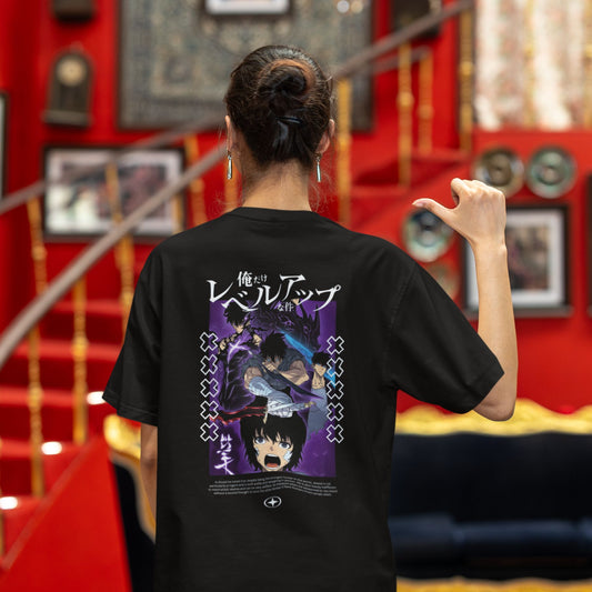 Premium dropshoulder T-shirt featuring Solo Leveling anime artwork, streetwear style with bold graphics and relaxed fit for urban fashion by Flick Streetwear