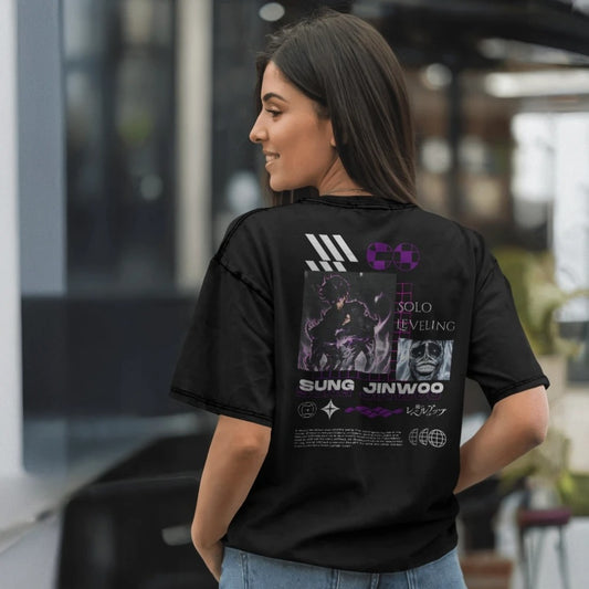 Premium dropshoulder T-shirt featuring Solo Leveling anime artwork, streetwear style with bold graphics and relaxed fit for urban fashion by Flick Streetwear.