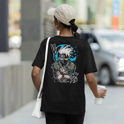 Anime-themed unisex oversized T-shirt with kakashi hatake graphic, designed for anime fans.