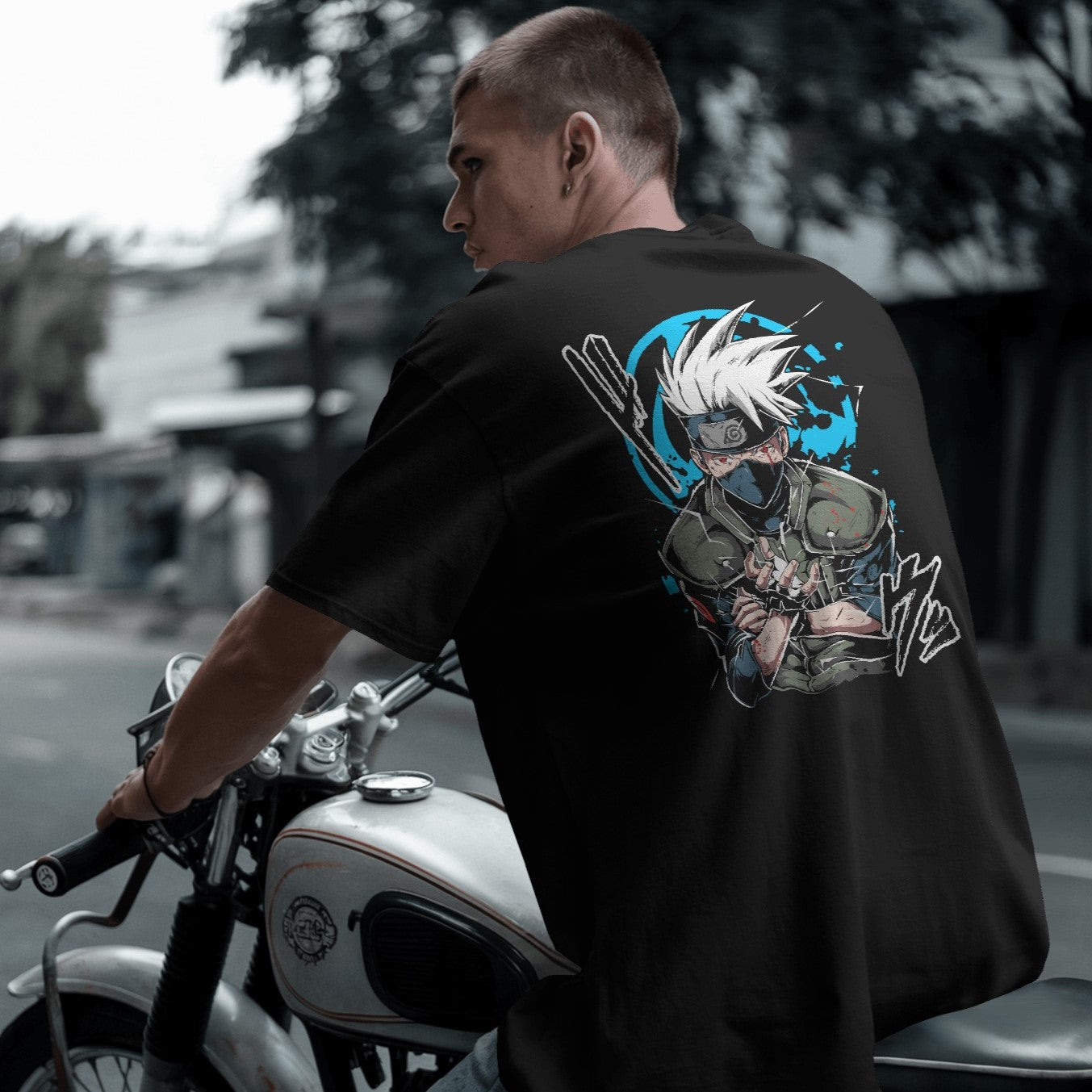 Anime-themed unisex oversized T-shirt with kakashi hatake graphic, designed for anime fans.