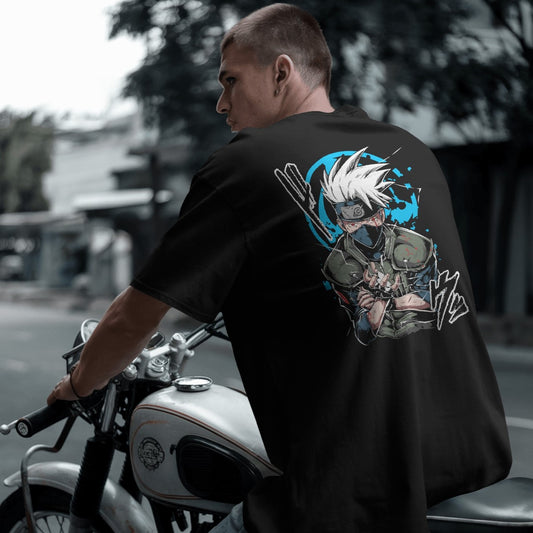 Anime-themed unisex oversized T-shirt with kakashi hatake graphic, designed for anime fans.