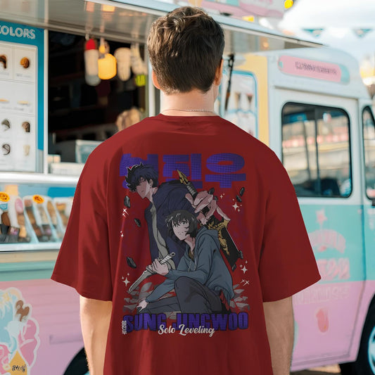 Premium dropshoulder T-shirt featuring Solo Leveling anime artwork, streetwear style with bold graphics and relaxed fit for urban fashion by Flick Streetwear.
