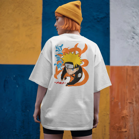 Anime-themed unisex oversized T-shirt with Naruto Uzumaki graphic, designed for anime fans.