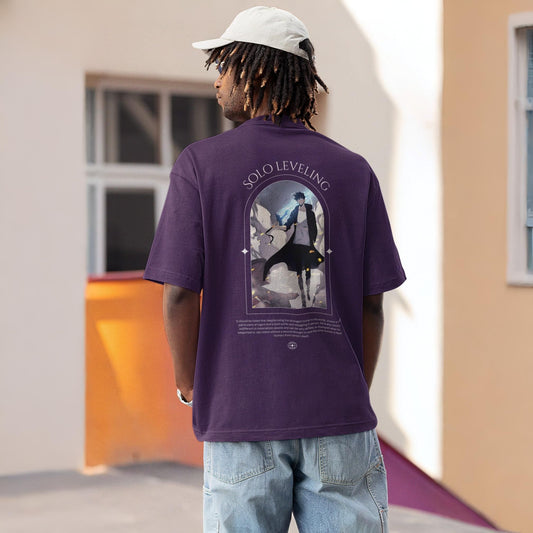 Premium dropshoulder T-shirt featuring Solo Leveling anime artwork, streetwear style with bold graphics and relaxed fit for urban fashion by Flick Streetwear