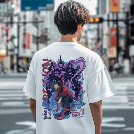 Premium dropshoulder T-shirt featuring Solo Leveling anime artwork, streetwear style with bold graphics and relaxed fit for urban fashion by Flick Streetwear