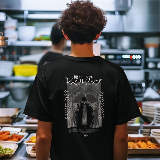 Premium dropshoulder T-shirt featuring Solo Leveling anime artwork, streetwear style with bold graphics and relaxed fit for urban fashion by Flick Streetwear