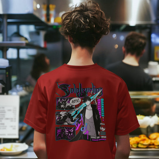 Premium dropshoulder T-shirt featuring Solo Leveling anime artwork, streetwear style with bold graphics and relaxed fit for urban fashion by Flick Streetwear