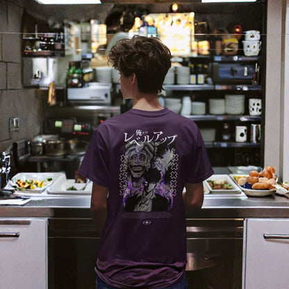 Premium dropshoulder T-shirt featuring Solo Leveling anime artwork, streetwear style with bold graphics and relaxed fit for urban fashion by Flick Streetwear