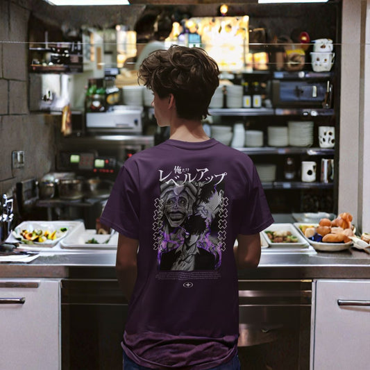 Premium dropshoulder T-shirt featuring Solo Leveling anime artwork, streetwear style with bold graphics and relaxed fit for urban fashion by Flick Streetwear