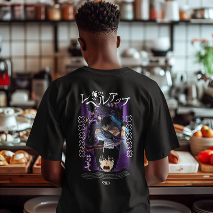 Premium dropshoulder T-shirt featuring Solo Leveling anime artwork, streetwear style with bold graphics and relaxed fit for urban fashion by Flick Streetwear