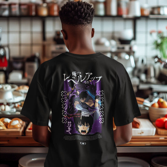 Premium dropshoulder T-shirt featuring Solo Leveling anime artwork, streetwear style with bold graphics and relaxed fit for urban fashion by Flick Streetwear